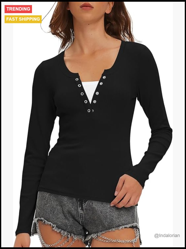 Long Sleeve Henley Top Ribbed Knit Slim Fitted Button Detail Layering Tee